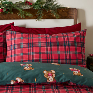 Catherine Lansfield Christmas Tartan Teddy Bear Green Duvet Set