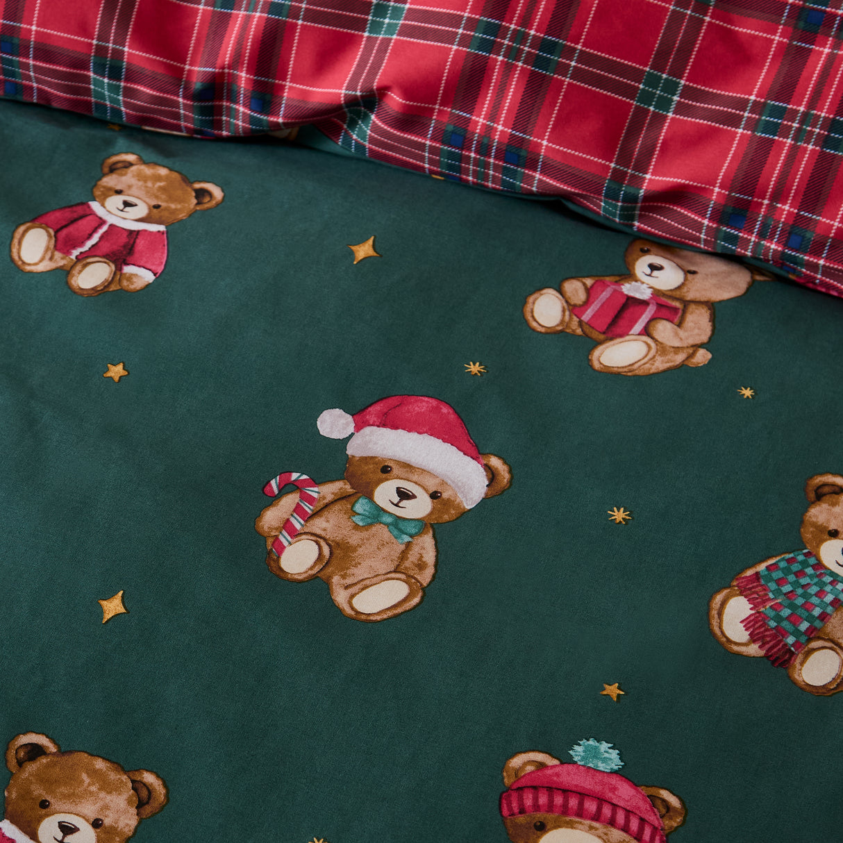 Catherine Lansfield Christmas Tartan Teddy Bear Green Duvet Set