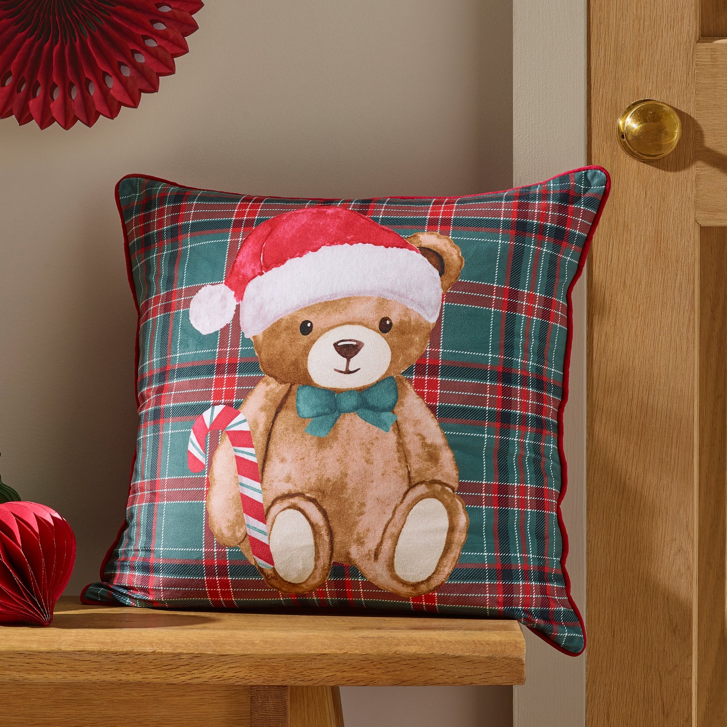 Catherine Lansfield Christmas Tartan Teddy Bear Green Duvet Set