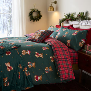 Catherine Lansfield Christmas Tartan Teddy Bear Green Duvet Set