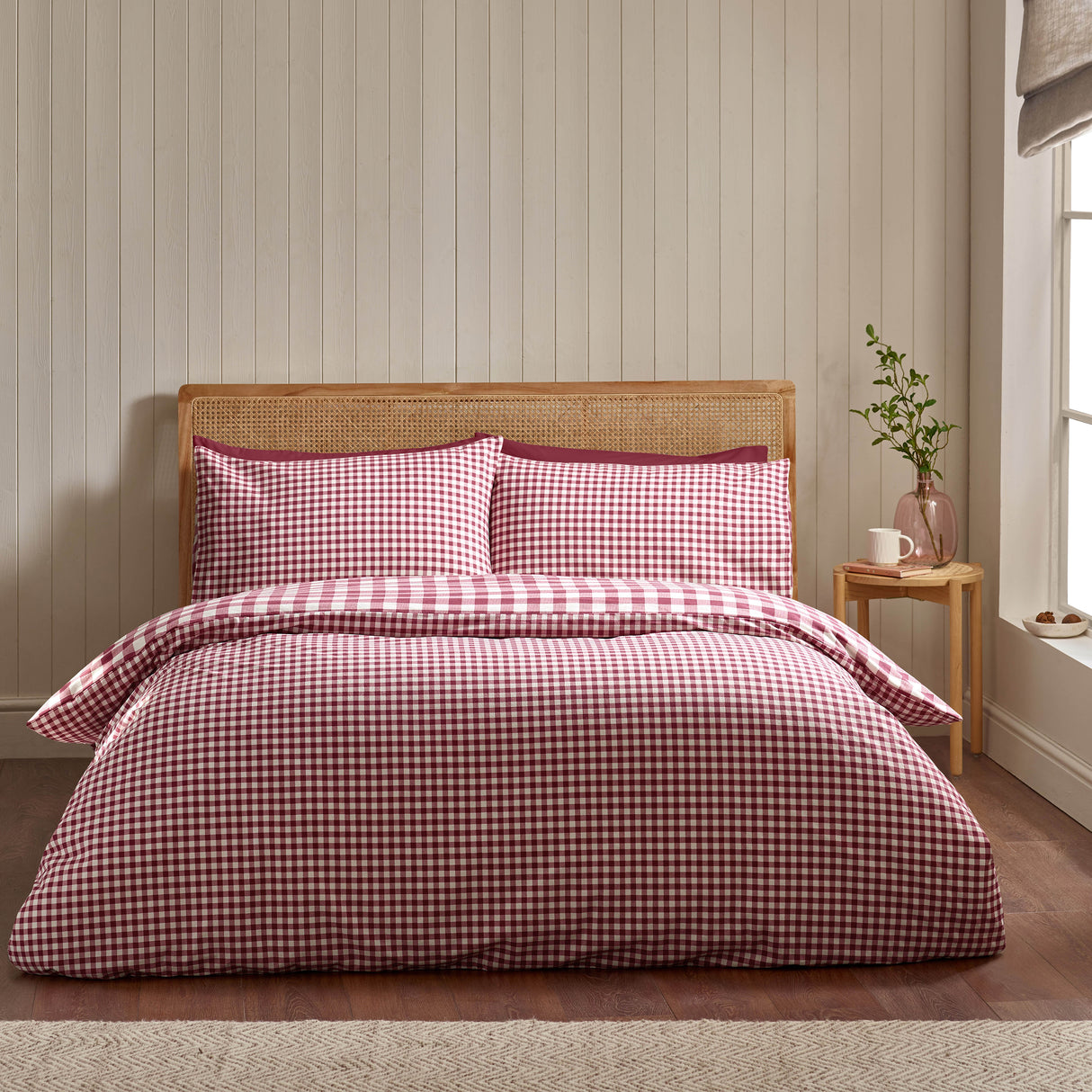 Catherine Lansfield Gingham Burgundy 100% Brushed Cotton Duvet Set