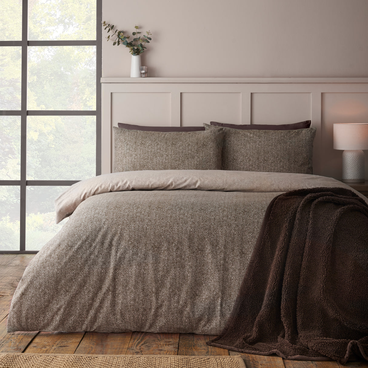 Catherine Lansfield Herringbone 100% Brushed Cotton Duvet Set