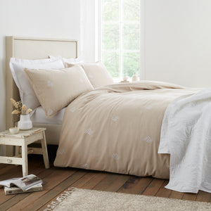 Bianca Fine Linens Leaf Embroidery Natural 100% Brushed Cotton Duvet Set