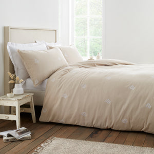 Bianca Fine Linens Leaf Embroidery Natural 100% Brushed Cotton Duvet Set
