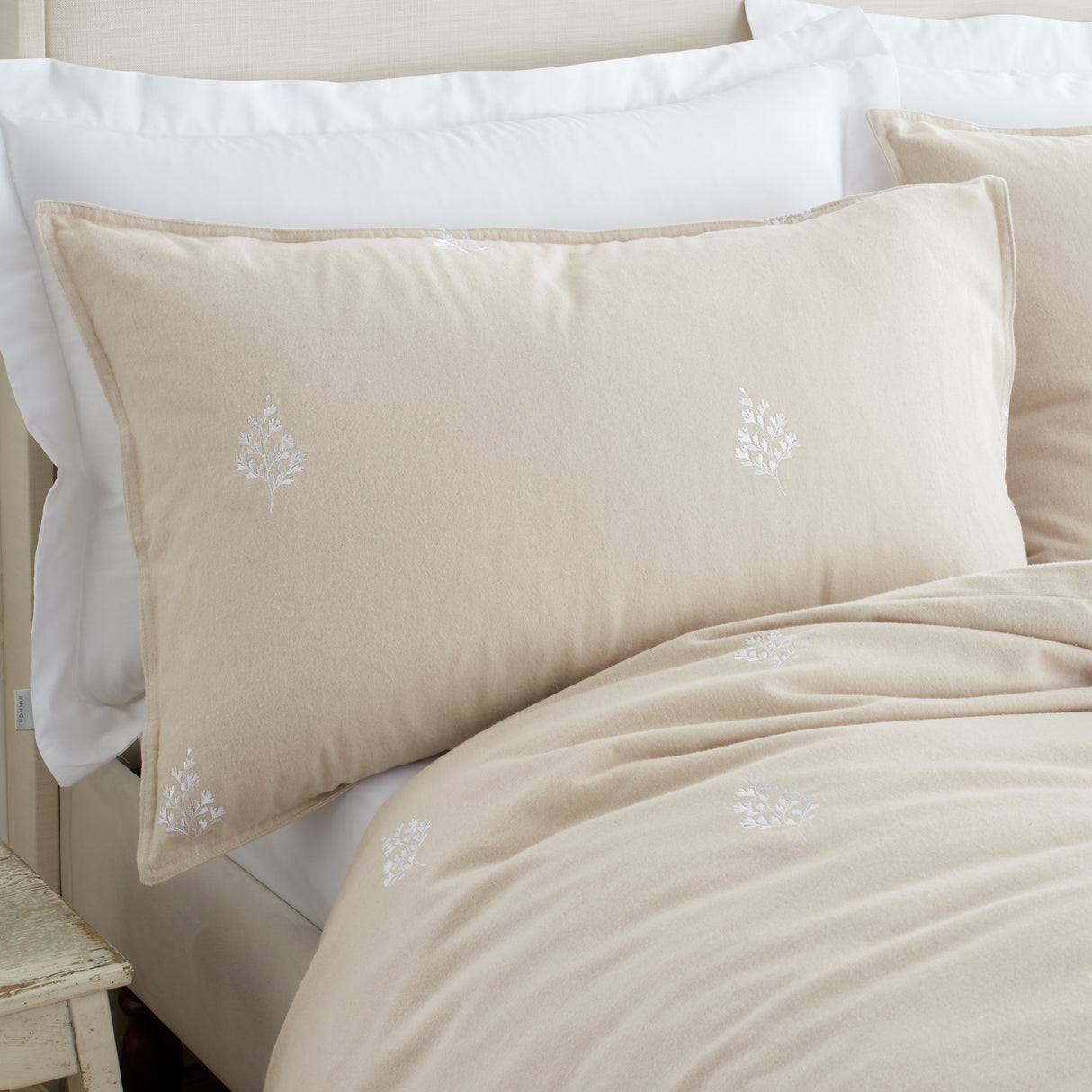 Bianca Fine Linens Leaf Embroidery Natural 100% Brushed Cotton Duvet Set