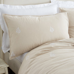Bianca Fine Linens Leaf Embroidery Natural 100% Brushed Cotton Duvet Set