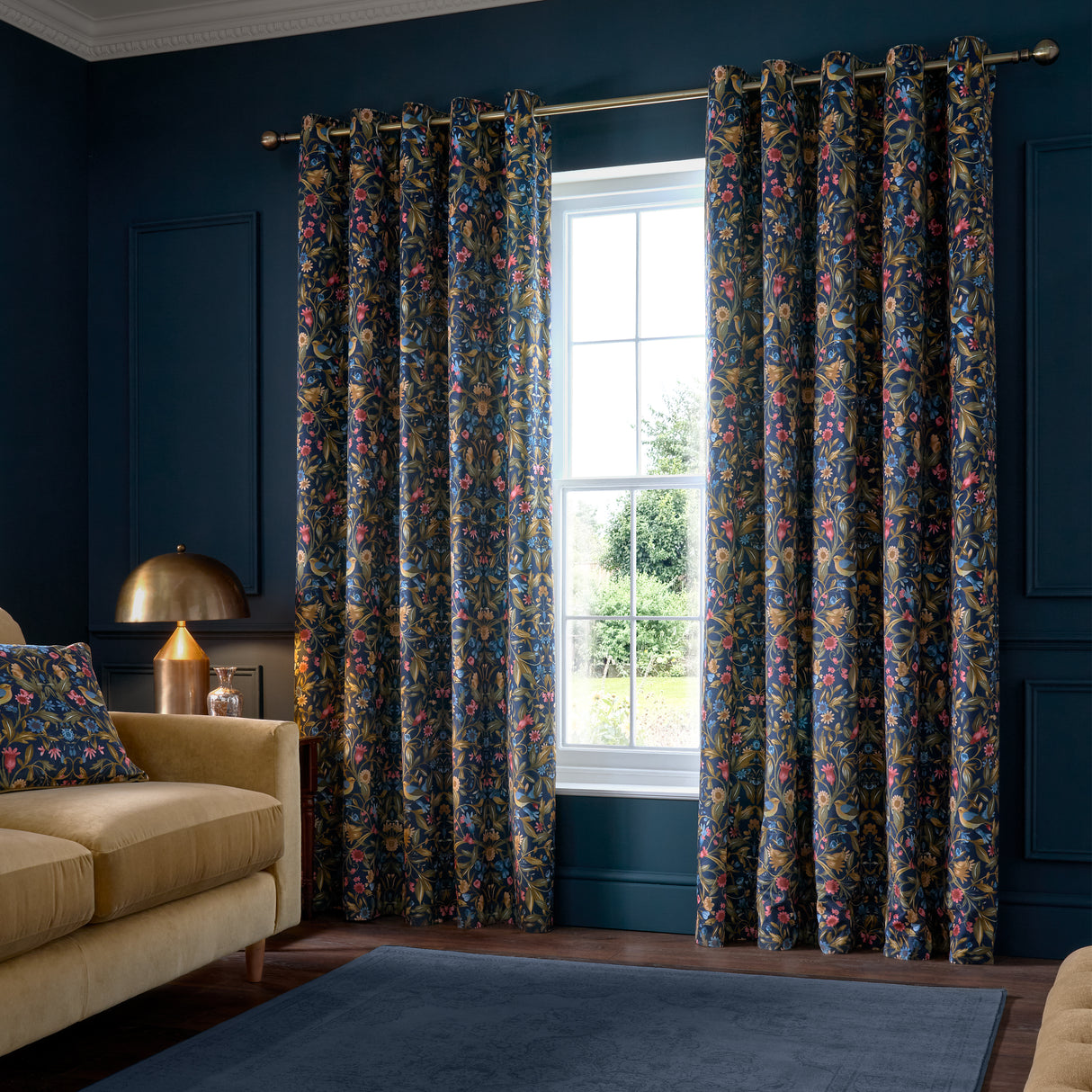 Catherine Lansfield Hedgerow Hopper Navy Eyelet Curtains