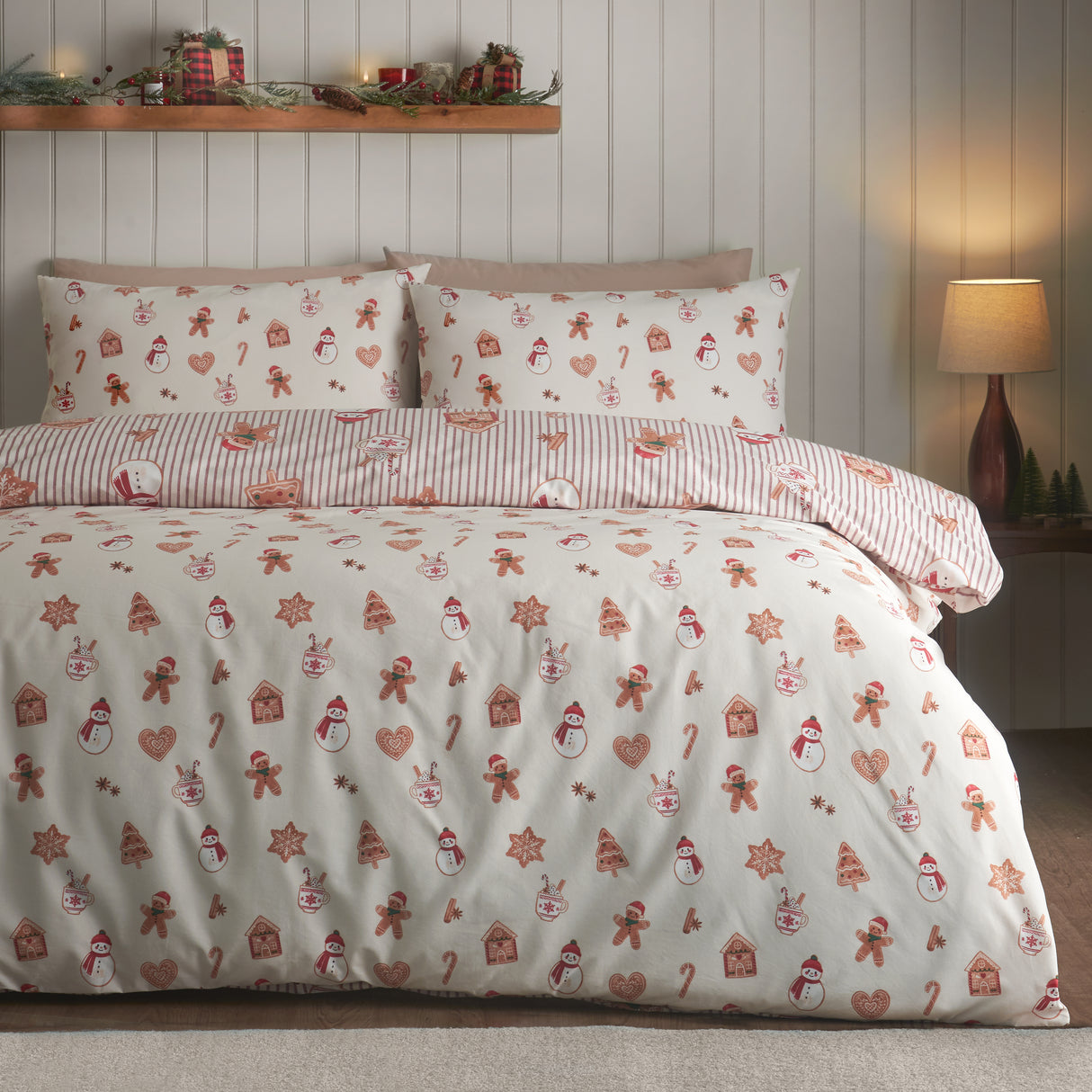 Catherine Lansfield Christmas Gingerbread Stripe Natural Duvet Set