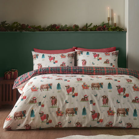 Catherine Lansfield Christmas Highland Cow Natural Duvet Set
