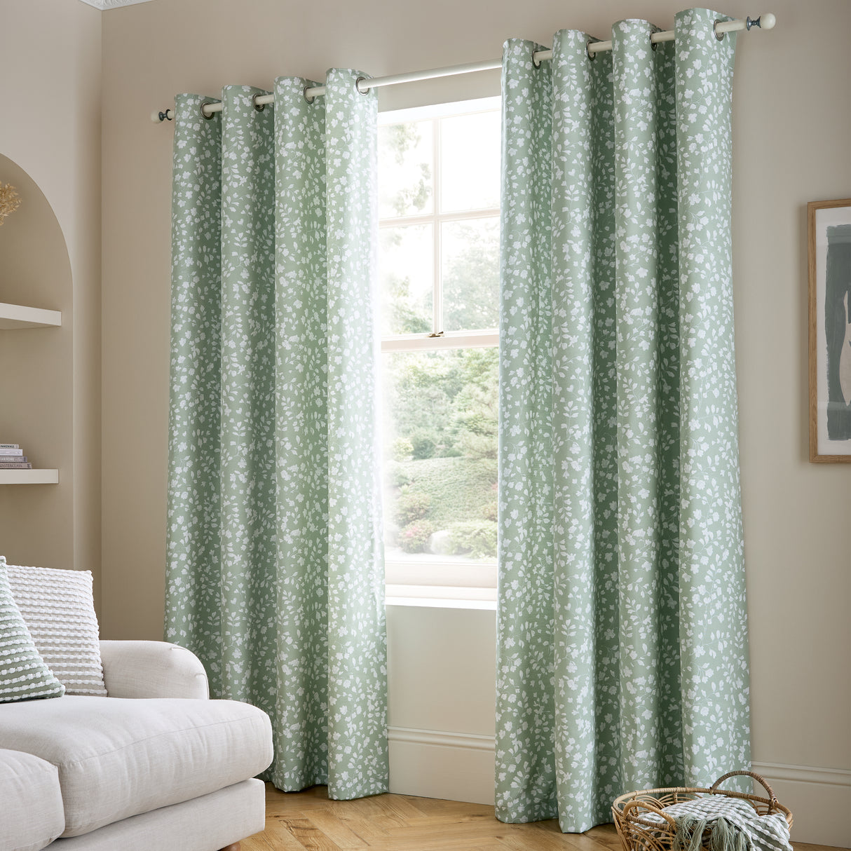Catherine Lansfield Arla Floral Green Eyelet Curtains