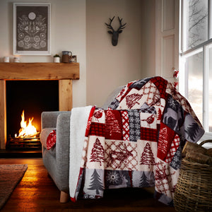 Portfolio Home Christmas Patchwork Red Sherpa Fleece 130cm x 170cm Throw