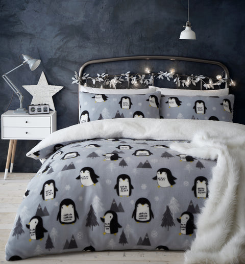 Catherine Lansfield Cosy Penguin Fleece Grey Duvet Set