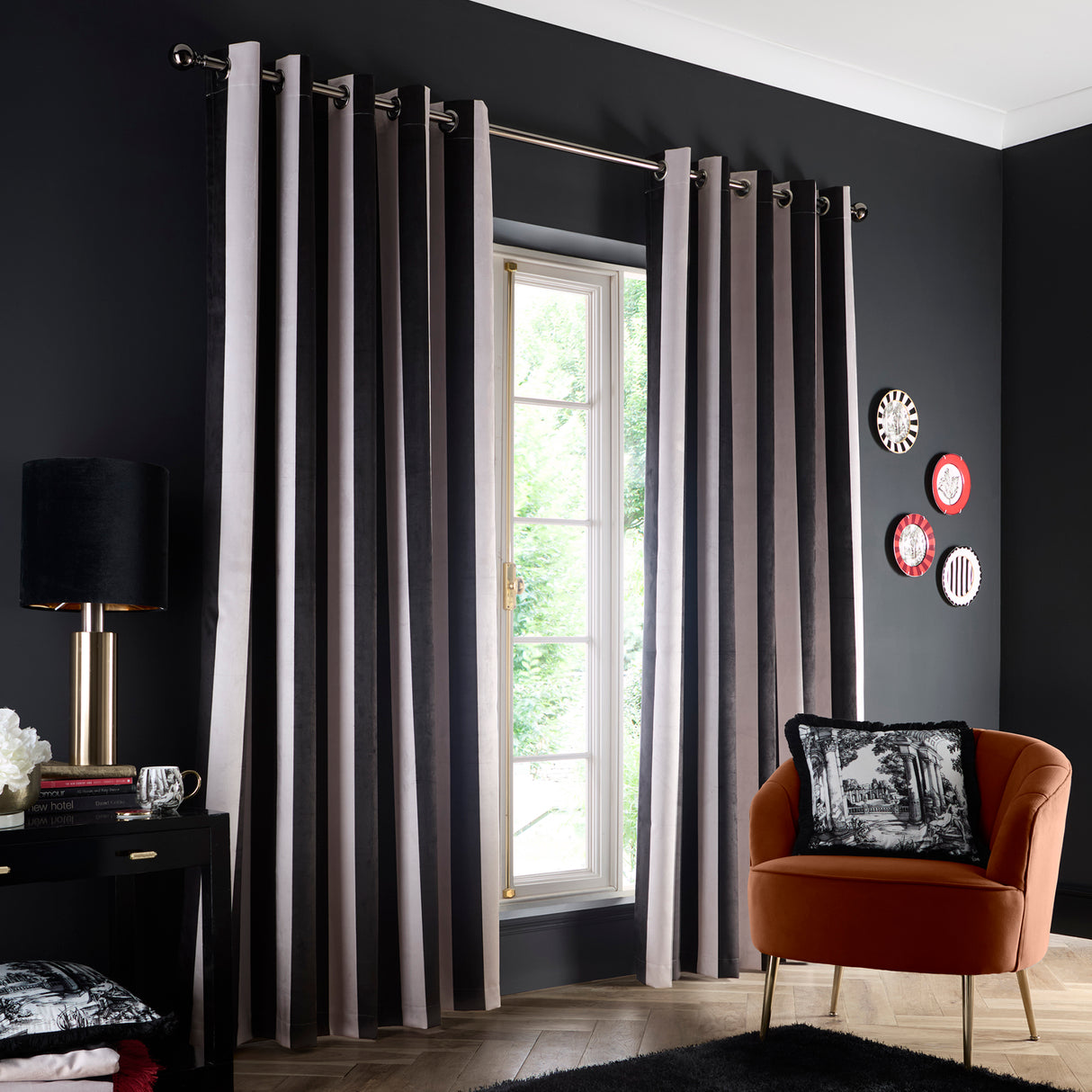Laurence Llewelyn Bowen Festivo Stripe Black Eyelet Lined Curtains