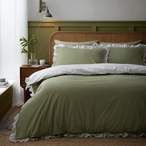 Appletree Frilled Embroidered Bow Stripe Green Duvet Set