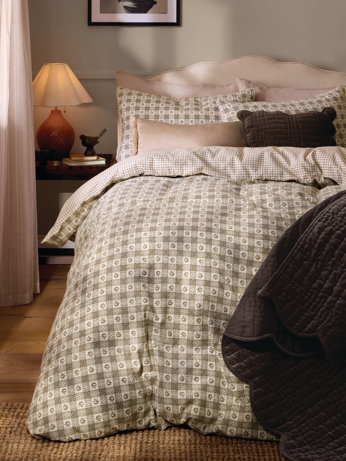Laura Ashley Hartley Check Dark Truffle Brown 100% Brushed Cotton Duvet Set