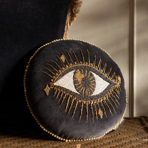 Rockett St George Look of Love Beaded Eye Velvet Black 30cm x 30cm Polyester Filled Cushion