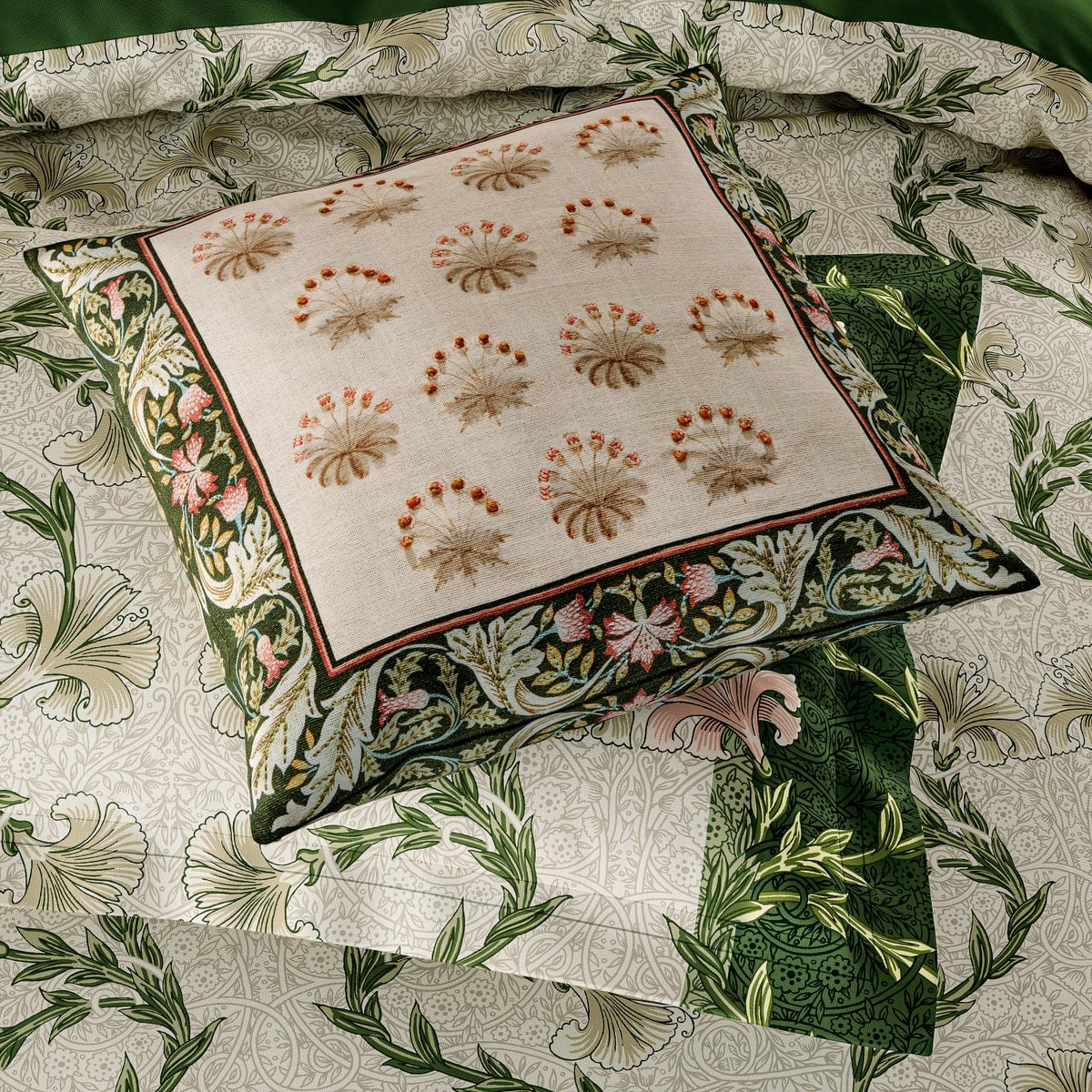 Morris & Co & V&A Daisy Tile Olive & Ivory 45cm x 45cm Feather Filled Cushion
