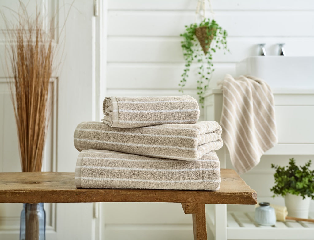 Deyongs Malmo Stripe 100% Cotton 480gsm Stone/White Towels