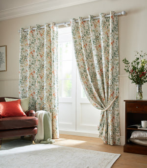 Laura Ashley Old Castle Leaves Fern Green Lined Eyelet Curtains
