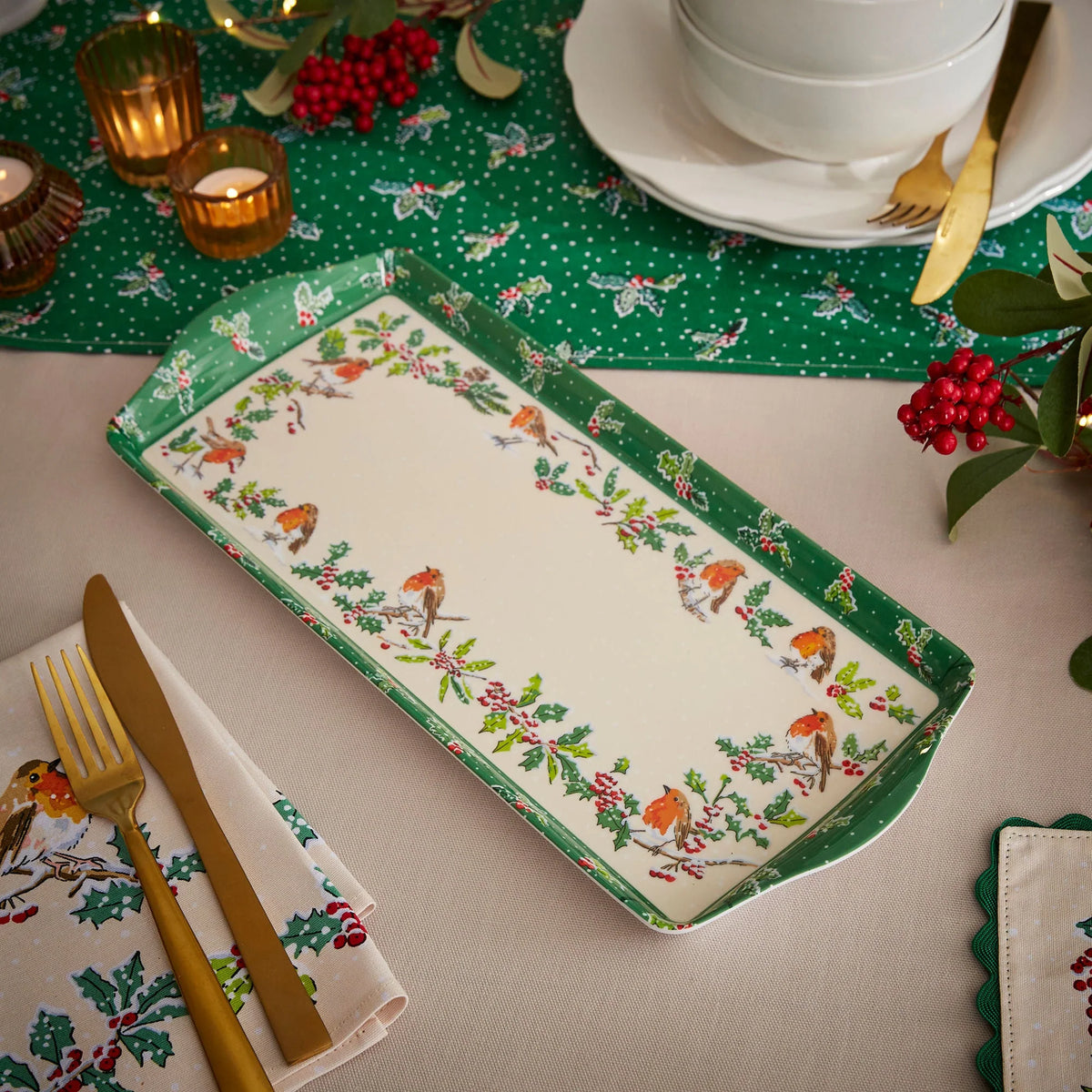 Ulster Weavers Christmas Robins Green Small Serving Tray