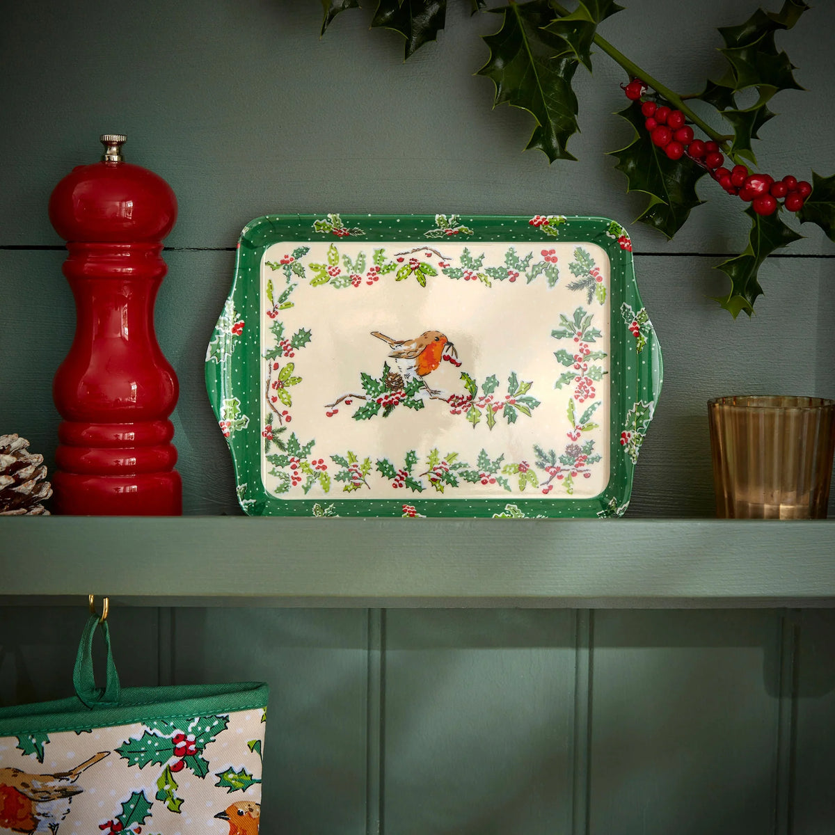 Ulster Weavers Christmas Robins Green Scatter Tray
