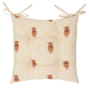 Wylder Ramble Highland Cow 40cm x 40cm 100% Slub Cotton Green Seat Pads (Pack of 2)