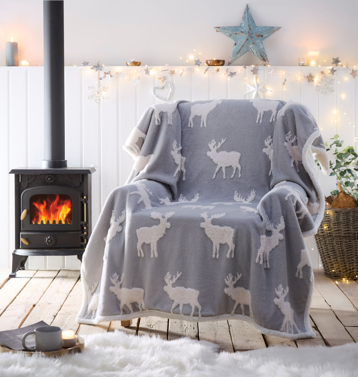 Portfolio Home Moose Jacquard Grey Sherpa Fleece 130cm x 170cm Throw