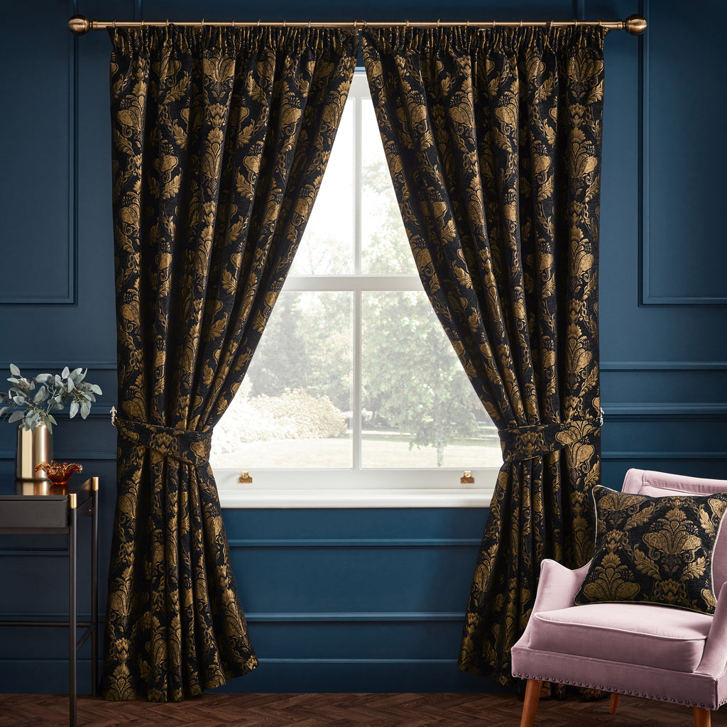 thumbnail image 2 of Sterling Creek Valencia 4-Piece Jacquard Curtain Set - Black/Gold Floral, 108x84 Inches With Sheer Backing 2 of 6