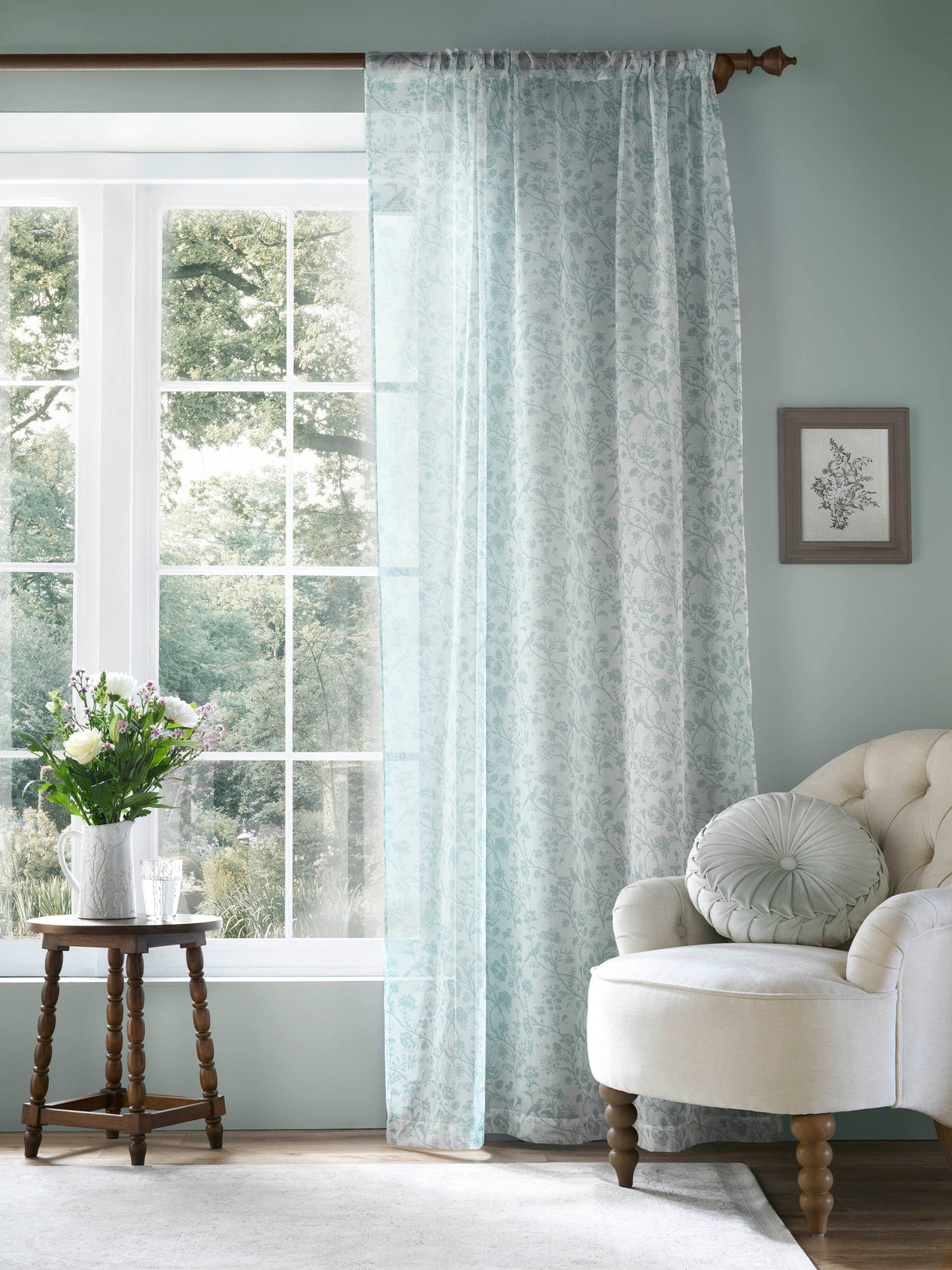Laura Ashley Shepherds Purse Duckegg Voile Slot Top Sheep Panel Curtain