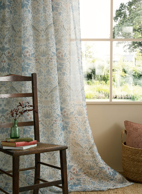 William Morris at Home Strawberry Thief Hessian Voile Slot Top Sheer Panel Curtain