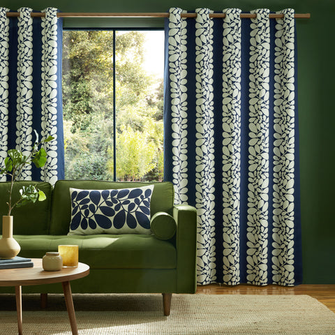Orla Kiely Sycamore Stripe Space Blue Lined Eyelet Curtains