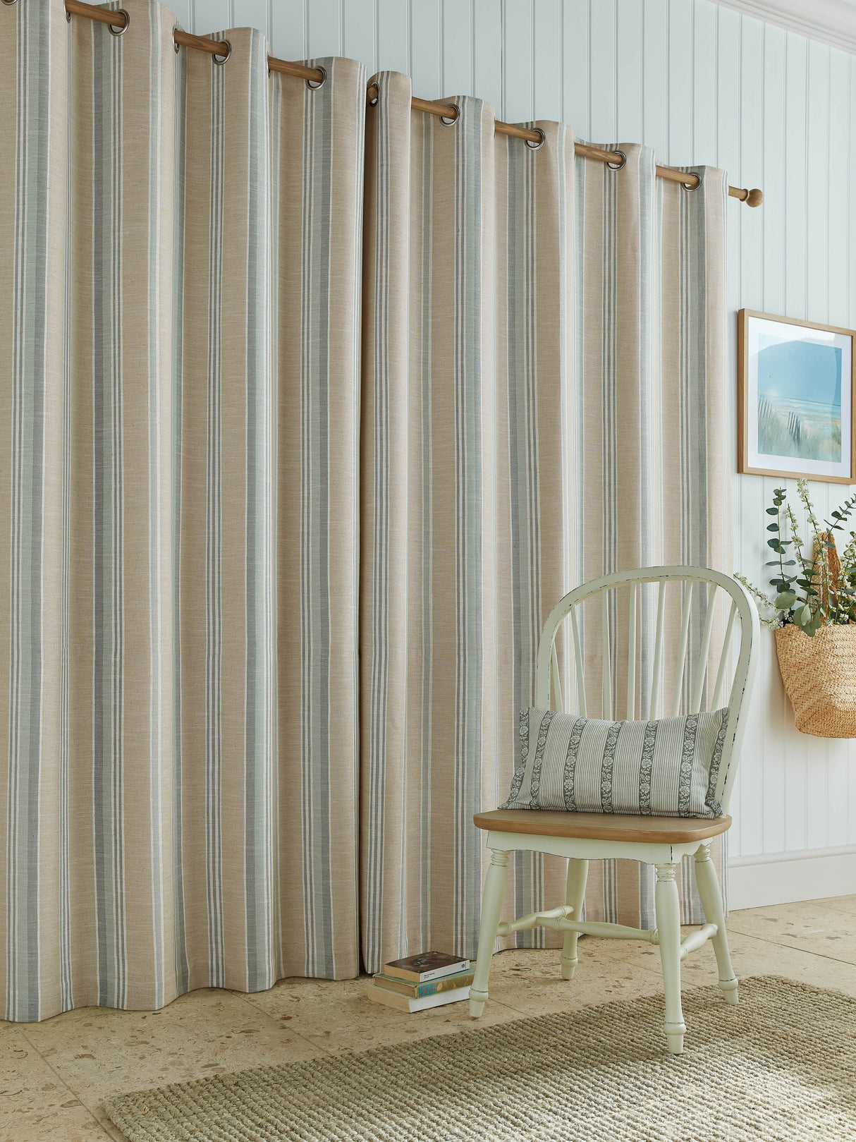 Laura Ashley Wickham Stripe Sage-Natural Lined Eyelet Curtains