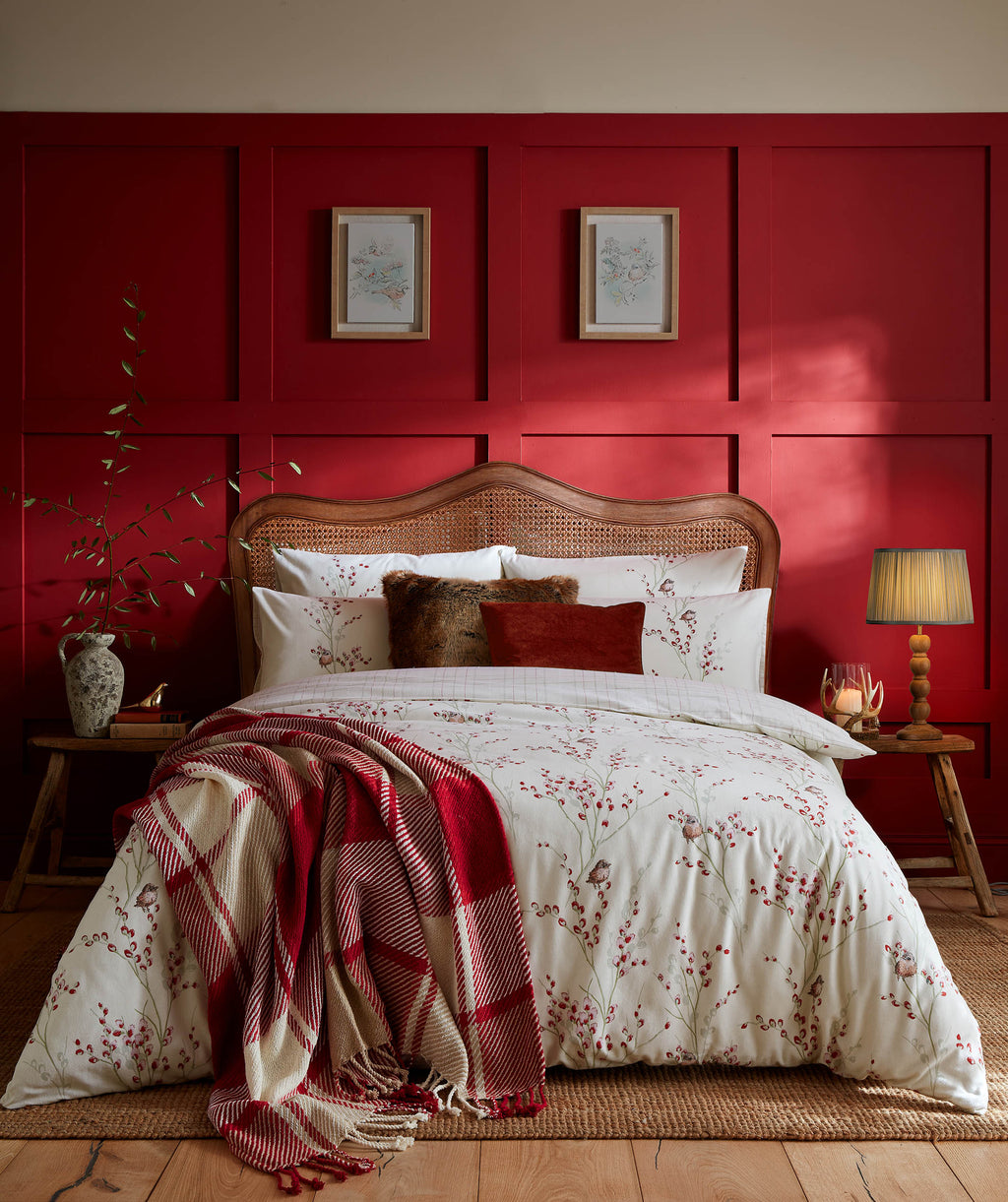 Laura Ashley Winter Pussy Willow Cranberry Red 100% Brushed Cotton Duvet Set