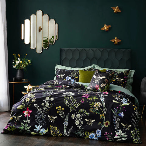 Wylder Midnight Bee Floral Velvet Black Duvet Set