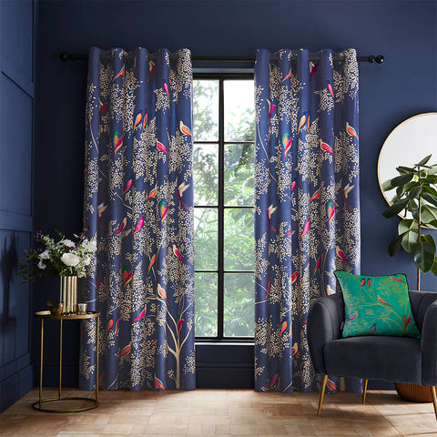 Sara Miller Smokey Birds Blue Lined Eyelet Curtains