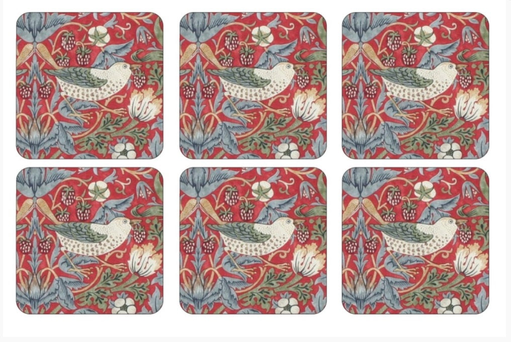 Morris & Co Strawberry Thief Red Coasters Set of 6